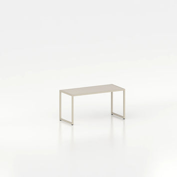 Banc d'exposition d'agencement avec cadre en acier — plateau bois beige et structure coloris beige