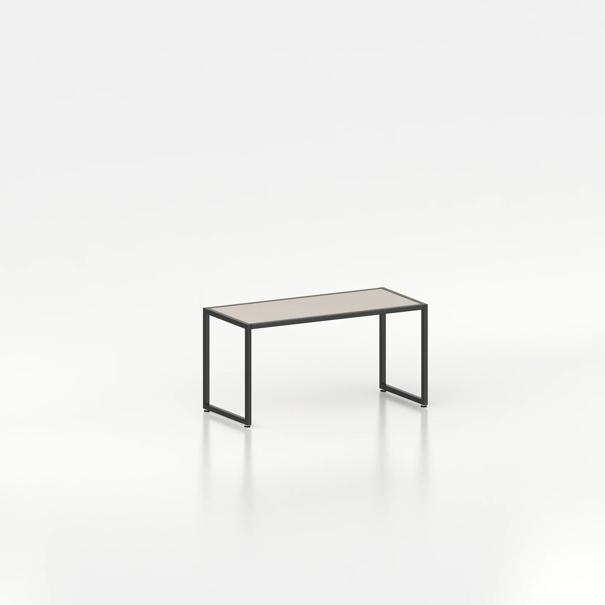 Banc d'exposition d'agencement avec cadre en acier — plateau bois beige et structure coloris noir