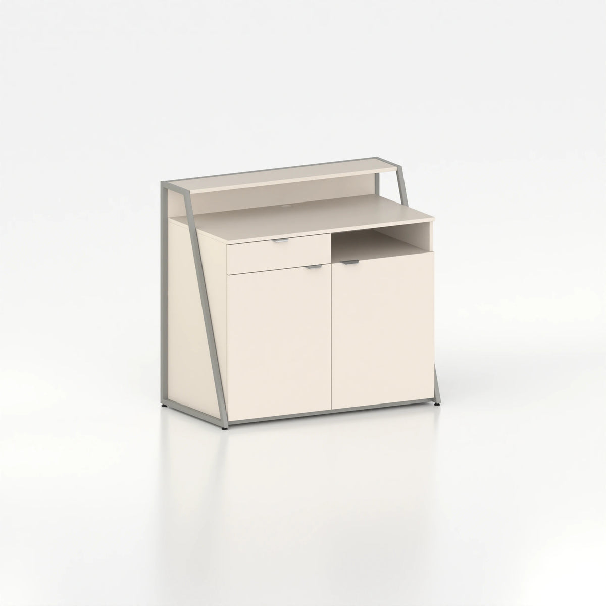 Comptoir de caisse d'agencement vue arrière — plateau bois beige et structure acier gris