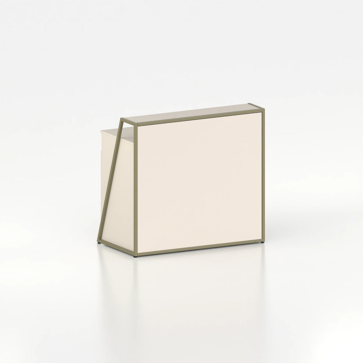 Comptoir de caisse d'agencement — plateau bois beige et structure acier vert