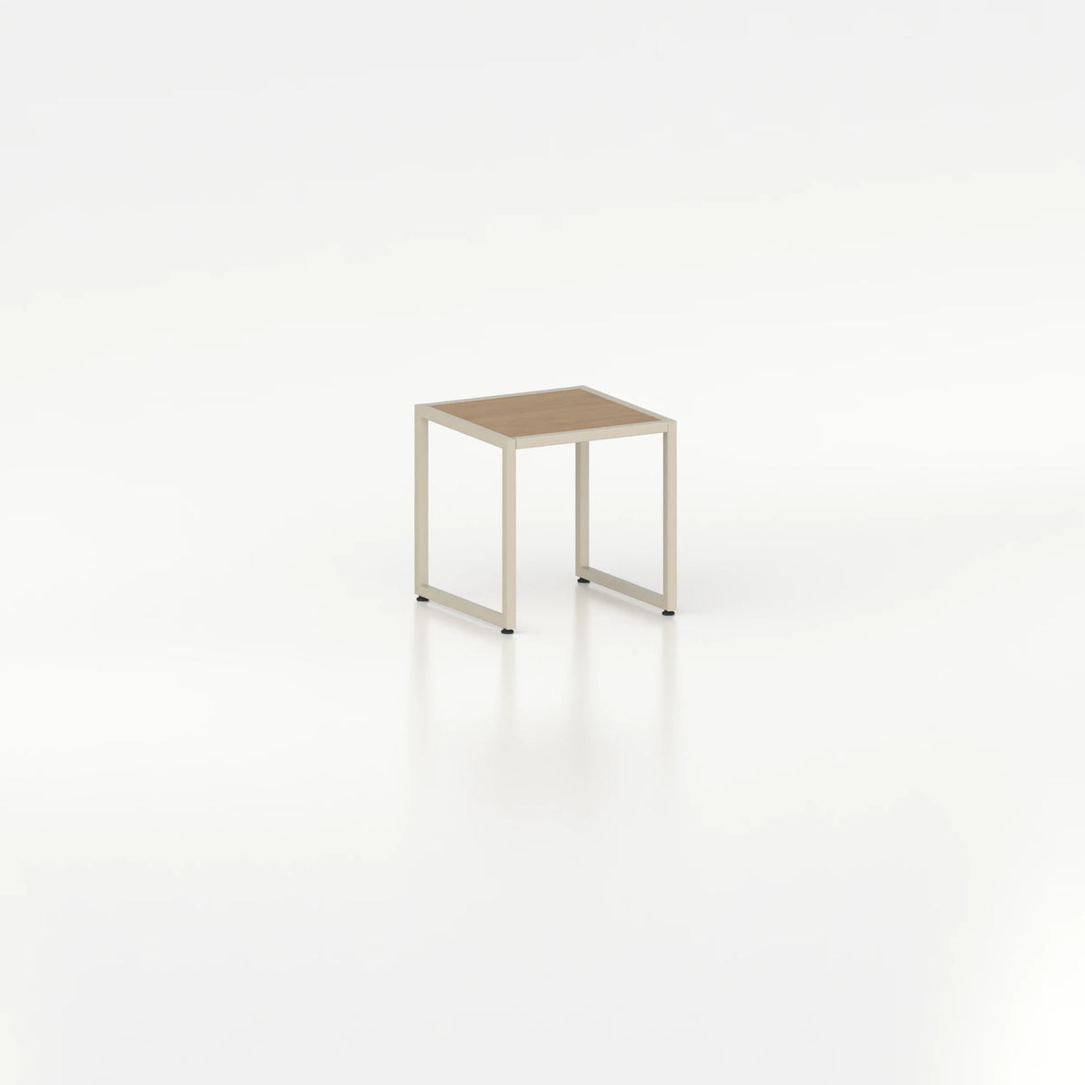 Cube d'exposition d'agencement — plateau bois chêne clair et structure acier beige