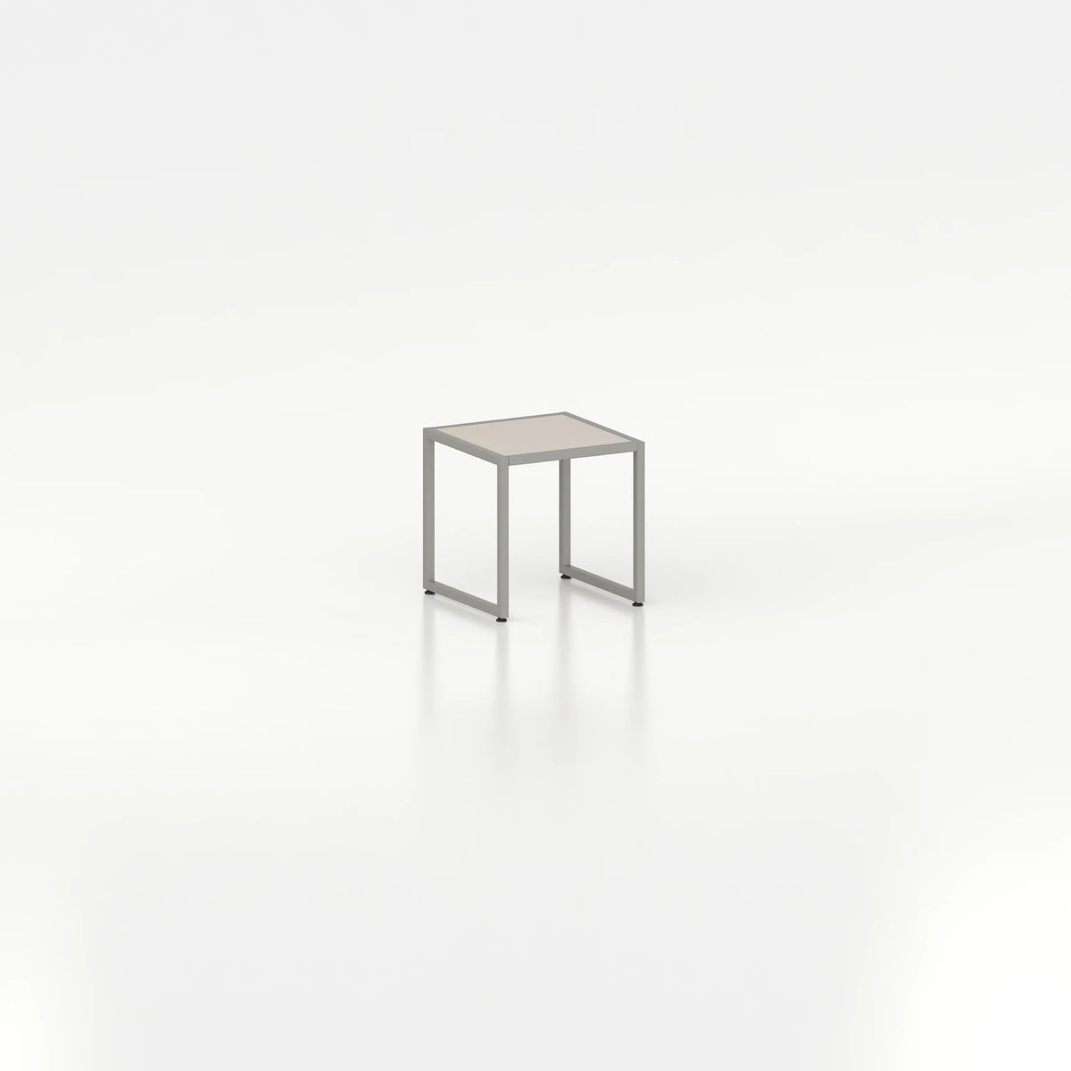 Cube d'exposition d'agencement — plateau bois beige et structure acier gris