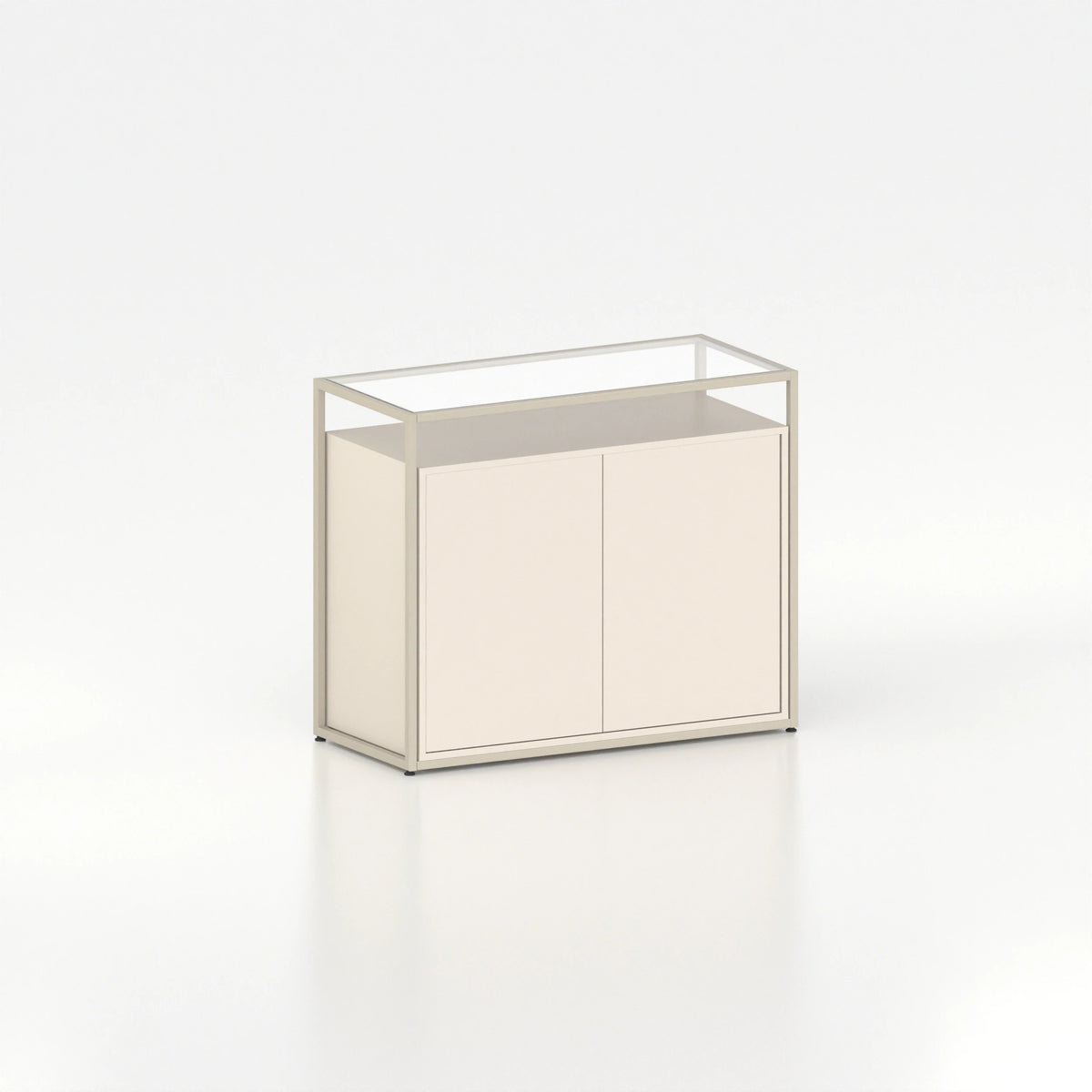 Meuble comptoir vitrine placard plateau verre cadre acier bois magasin — bois beige et coloris beige