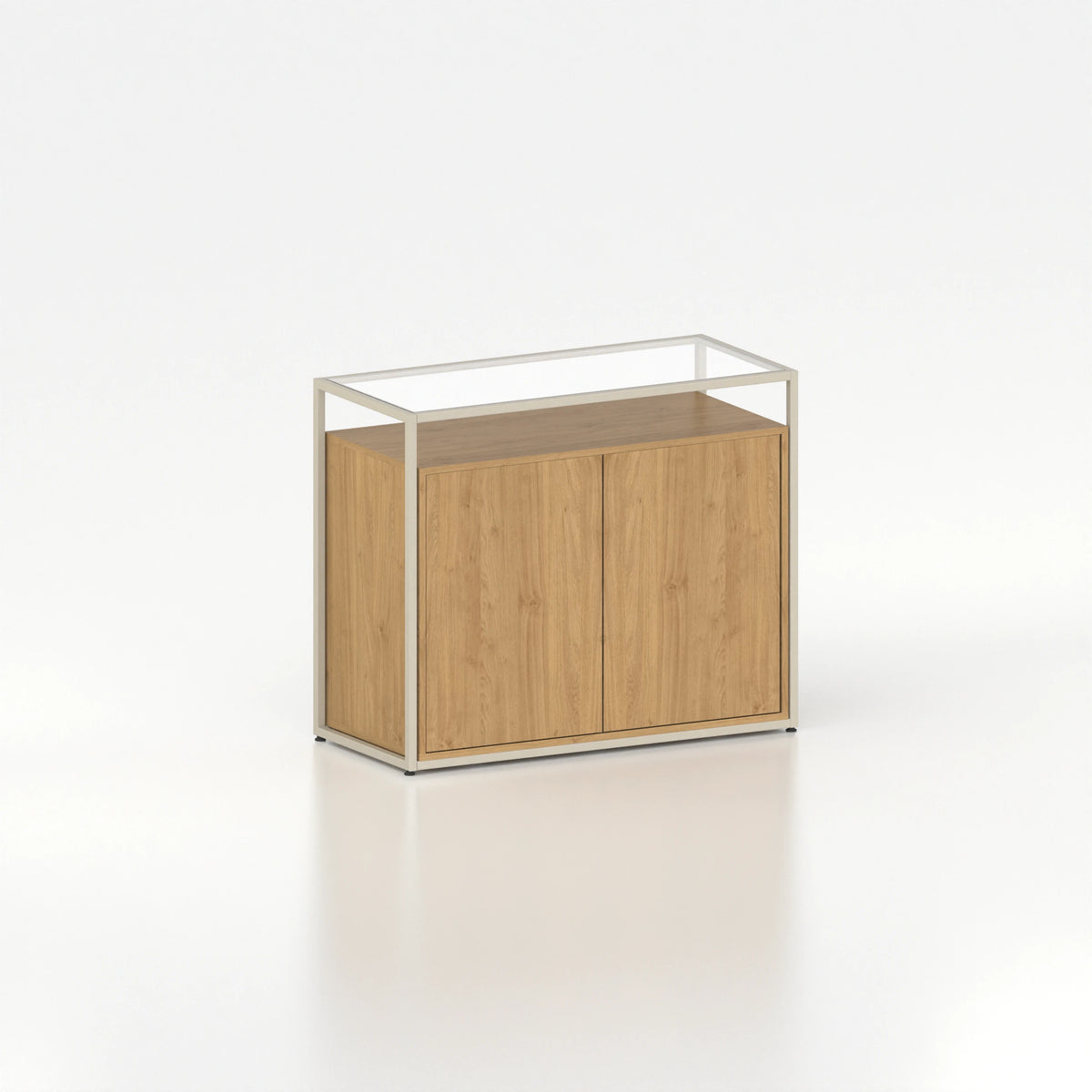 Meuble comptoir vitrine placard plateau verre cadre acier bois magasin — bois chêne clair et coloris beige