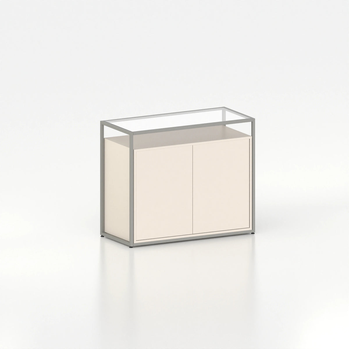 Meuble comptoir vitrine placard plateau verre cadre acier bois magasin — bois beige et coloris gris