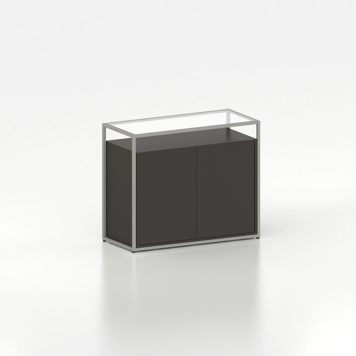 Meuble comptoir vitrine placard plateau verre cadre acier bois magasin — bois noir et coloris gris