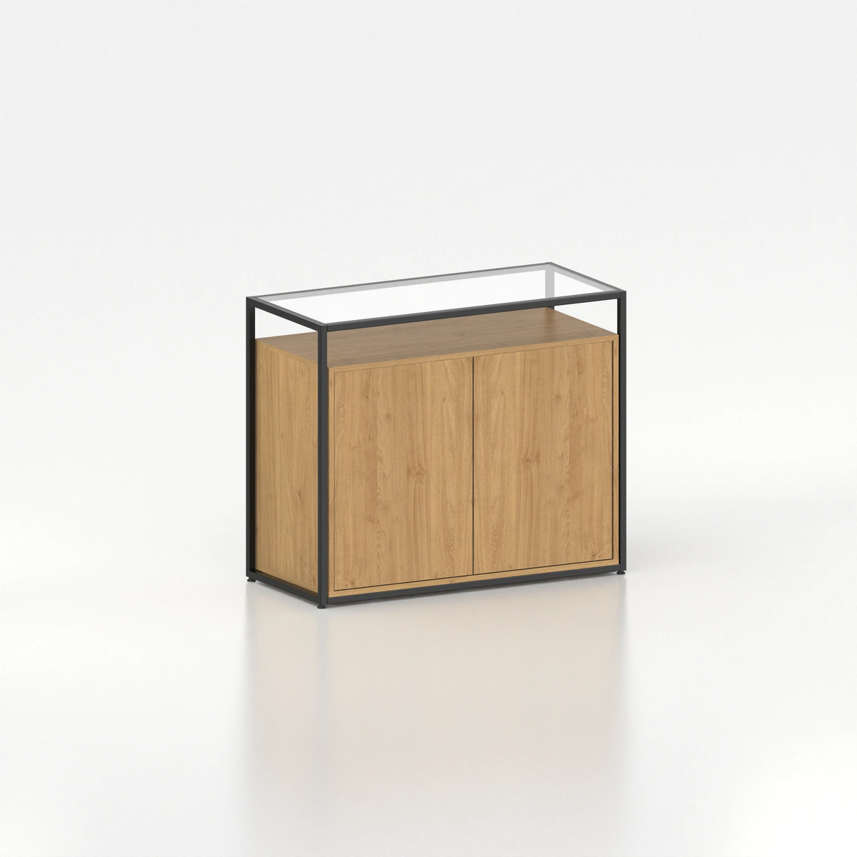 Meuble comptoir vitrine placard plateau verre cadre acier bois magasin — bois chêne clair et coloris noir