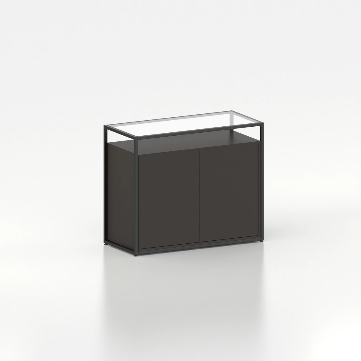 Meuble comptoir vitrine placard plateau verre cadre acier bois magasin — bois noir et coloris noir