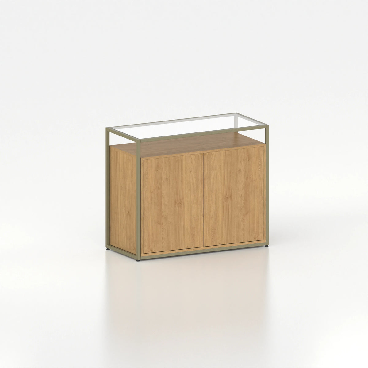 Meuble comptoir vitrine placard plateau verre cadre acier bois magasin — bois chêne clair et coloris vert