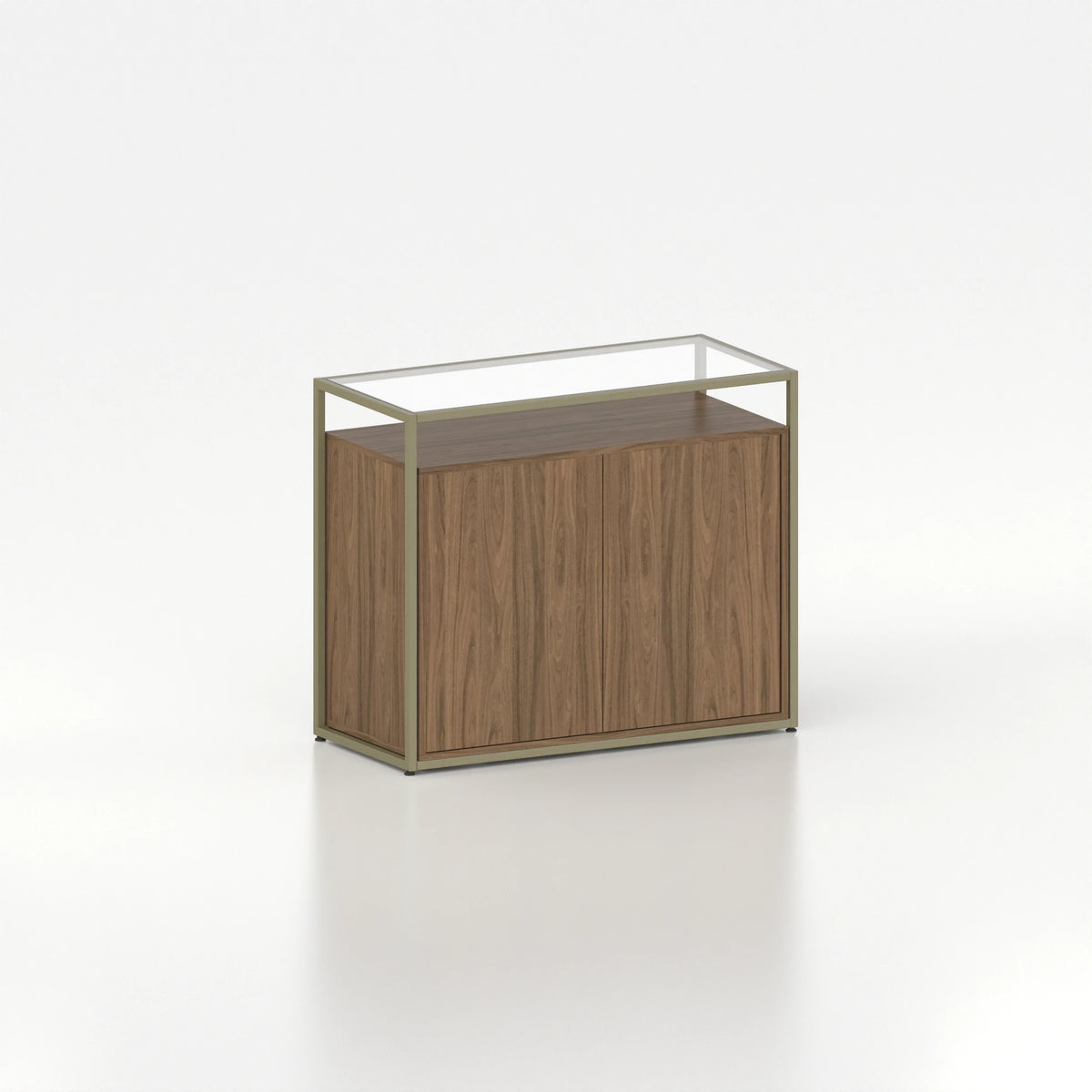 Meuble comptoir vitrine placard plateau verre cadre acier bois magasin — bois chêne foncé et coloris vert