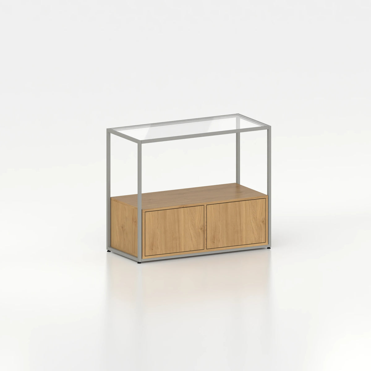 Meuble comptoir vitrine stockage bas plateau verre chassis acier bois magasin — bois chêne clair et coloris gris