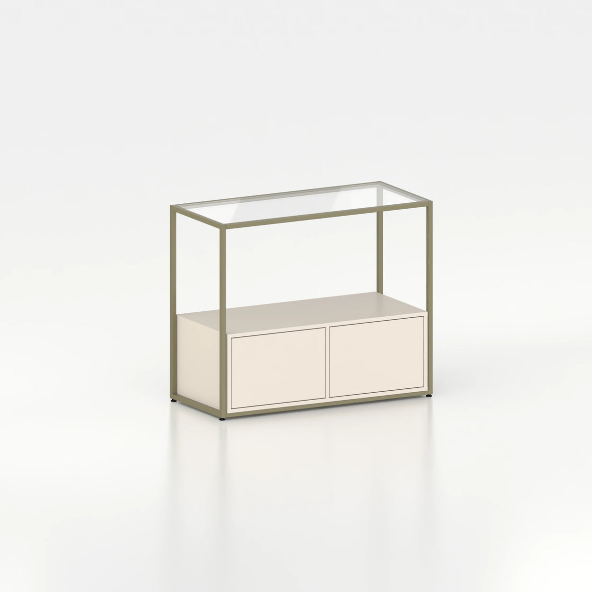 Meuble comptoir vitrine stockage bas plateau verre chassis acier bois magasin — bois beige et coloris vert