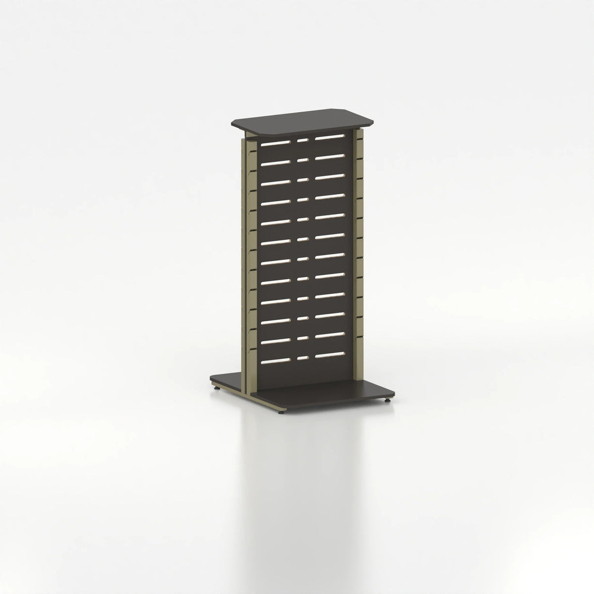Présentoir display autoportant avec montants Poto et panneau Slatwall pour vitrine — bois noir et coloris vert