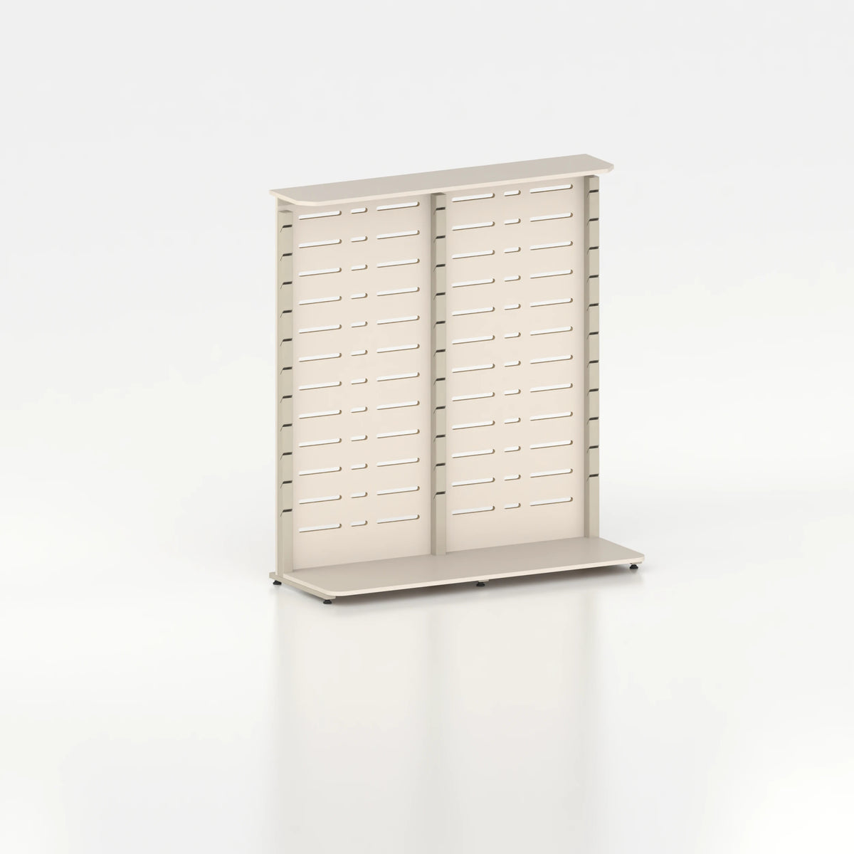 Présentoir display pour îlot central avec montants Poto et panneau Slatwall — bois beige et coloris beige