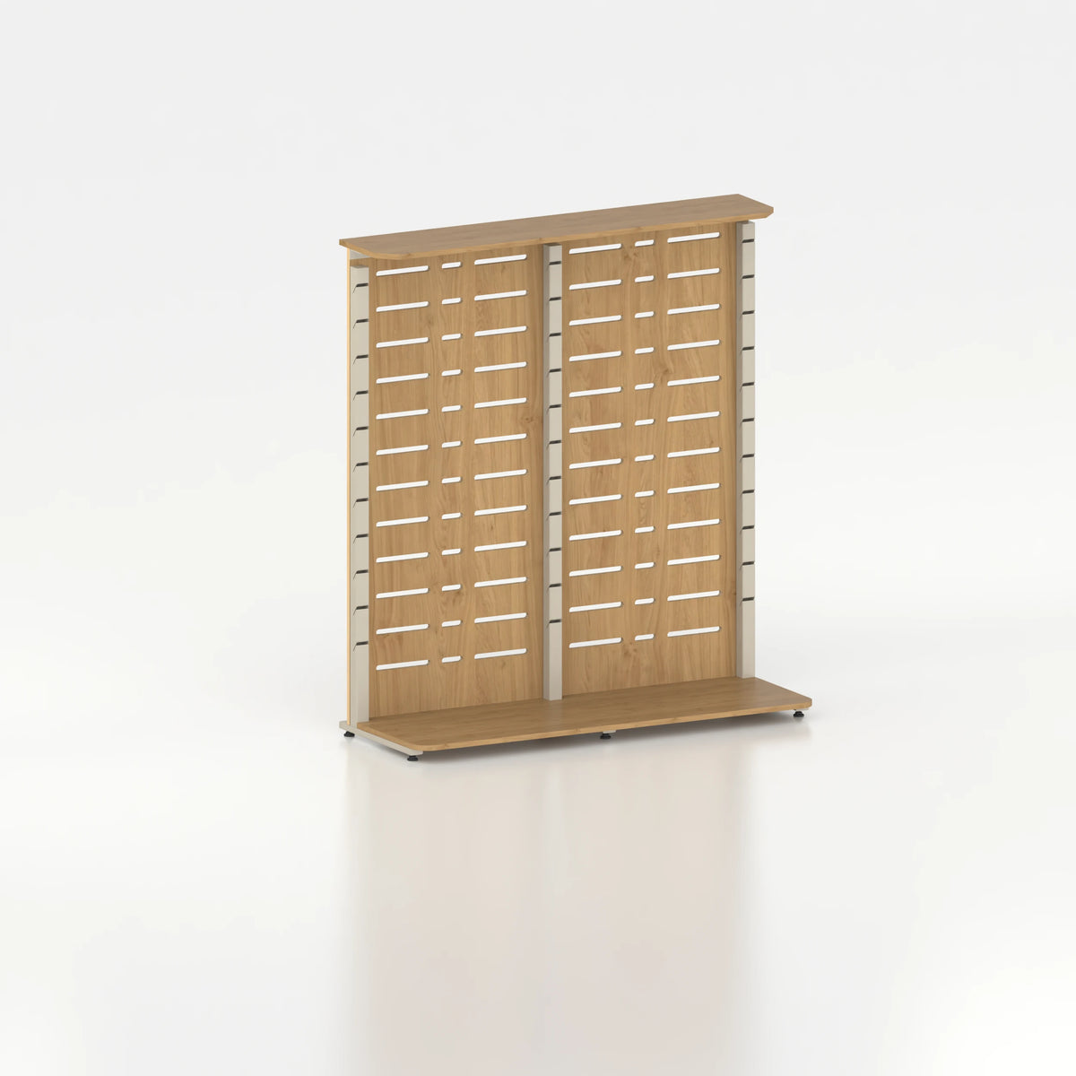 Présentoir display pour îlot central avec montants Poto et panneau Slatwall — bois chêne clair et coloris beige