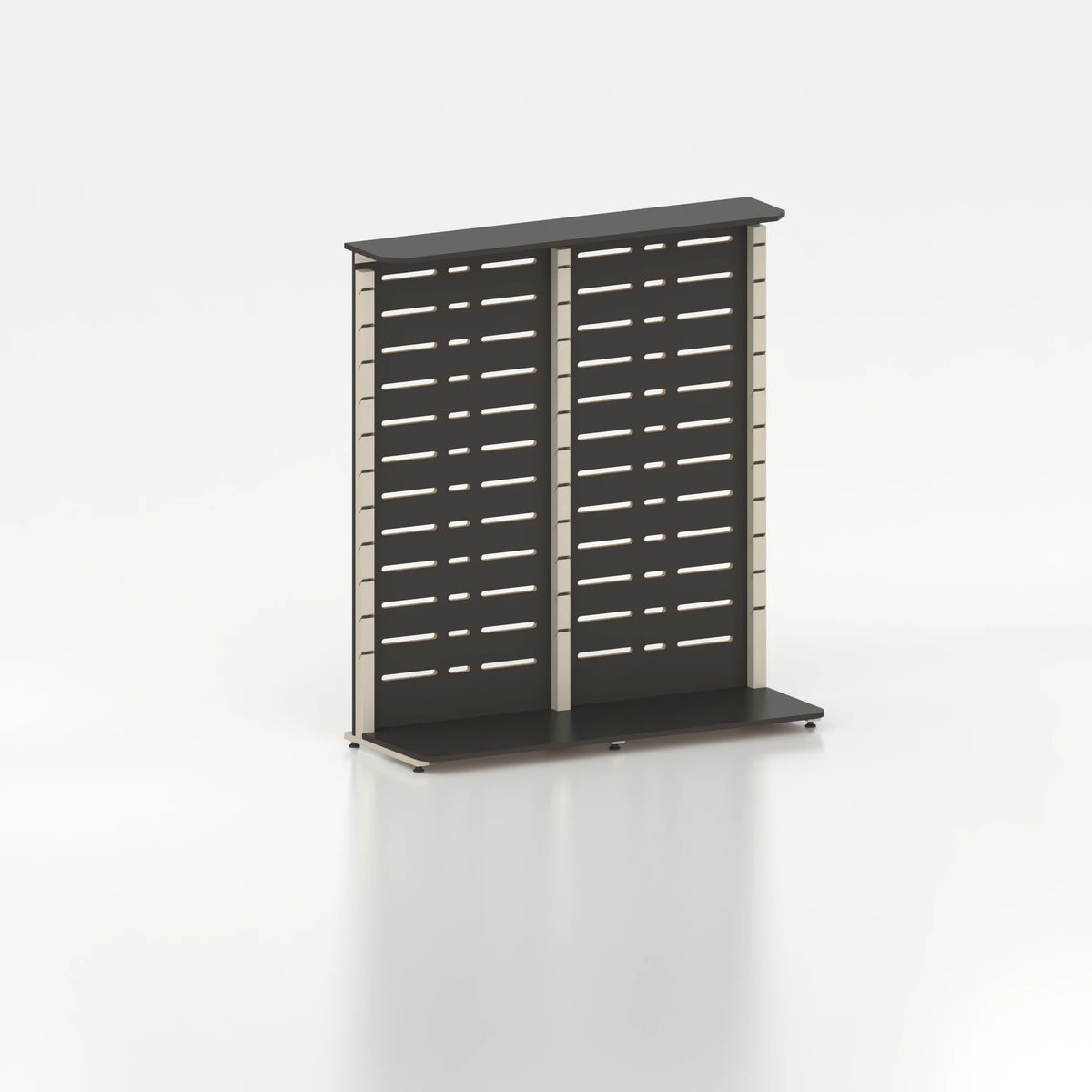 Présentoir display pour îlot central avec montants Poto et panneau Slatwall — bois noir et coloris beige