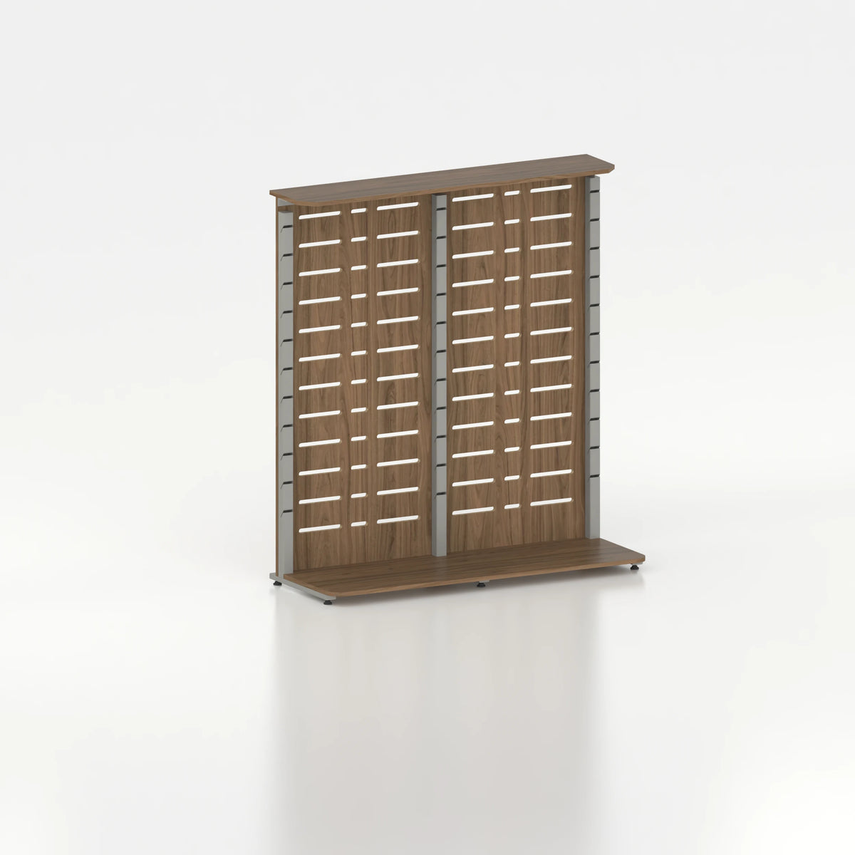 Présentoir display pour îlot central avec montants Poto et panneau Slatwall — bois chêne foncé et coloris gris