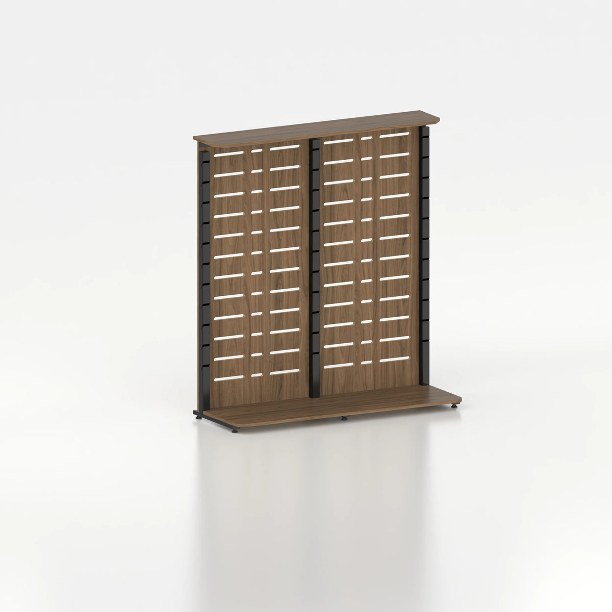 Présentoir display pour îlot central avec montants Poto et panneau Slatwall — bois chêne foncé et coloris gris