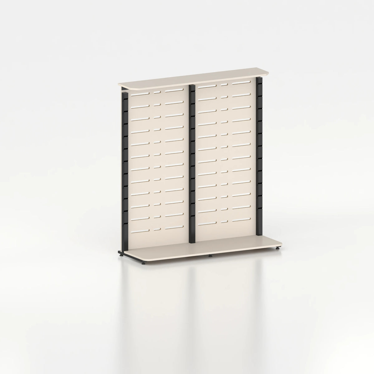 Présentoir display pour îlot central avec montants Poto et panneau Slatwall — bois beige et coloris noir