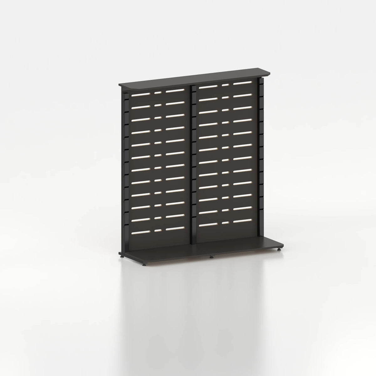 Présentoir display pour îlot central avec montants Poto et panneau Slatwall — bois noir et coloris noir