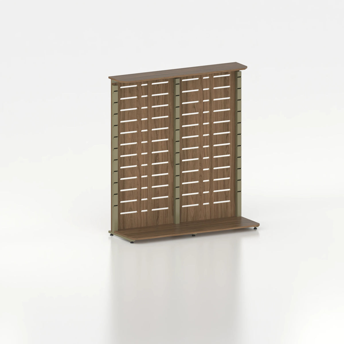 Présentoir display pour îlot central avec montants Poto et panneau Slatwall — bois chêne foncé et coloris vert