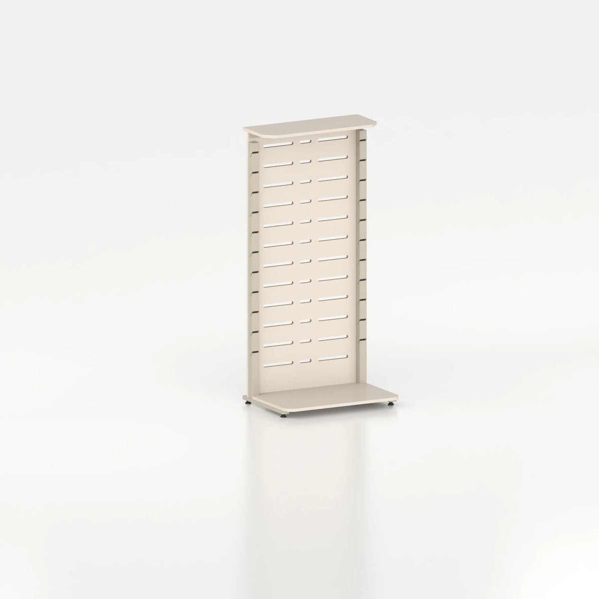 Présentoir display mural avec montants Poto et panneau Slatwall pour vitrine — bois beige et coloris beige