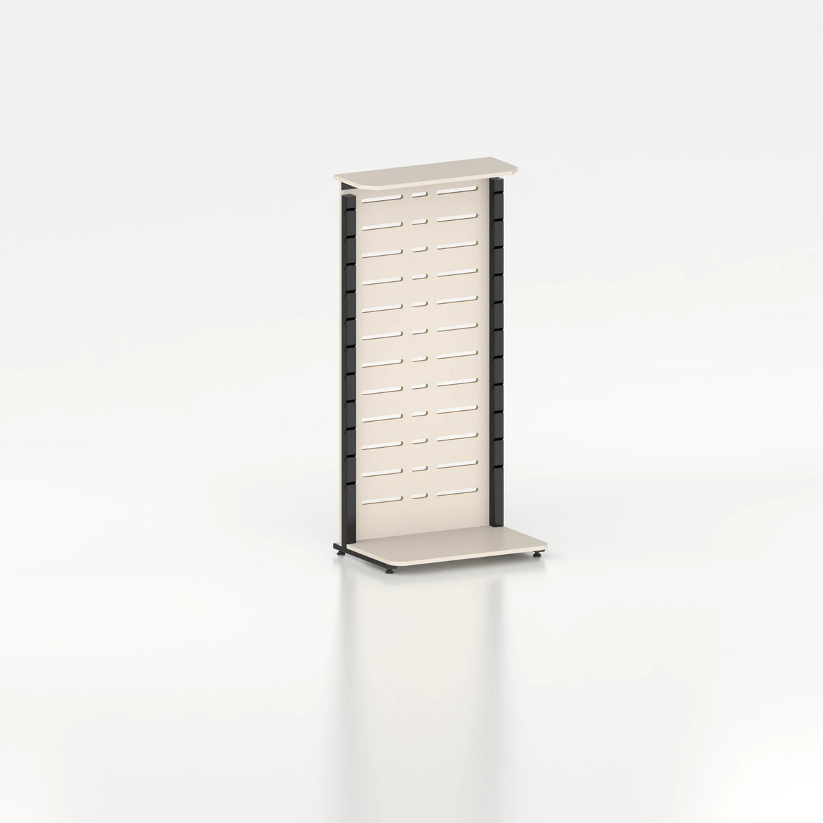 Présentoir display mural avec montants Poto et panneau Slatwall pour vitrine — bois beige et coloris noir