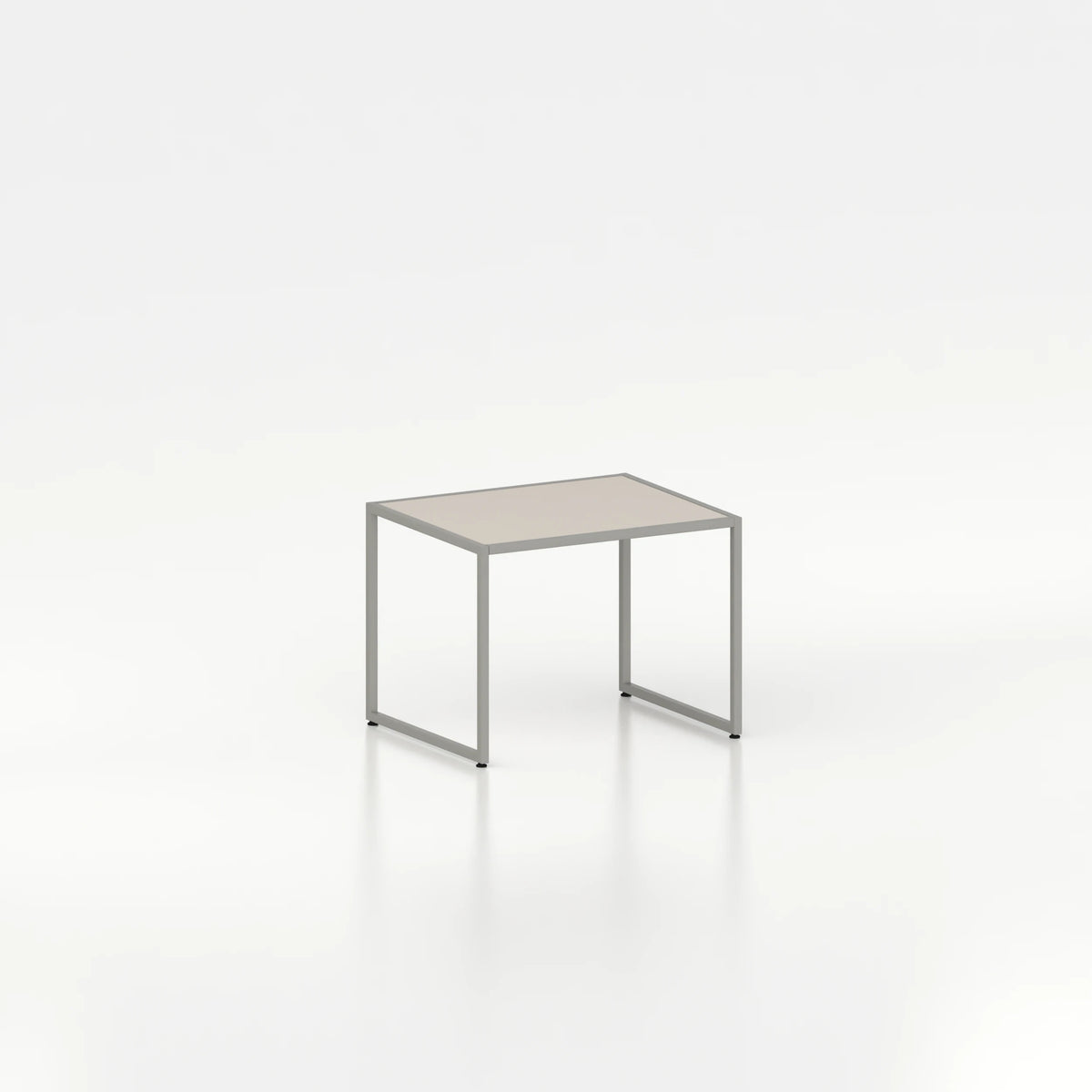 Table intermédiaire d'exposition avec cadre en acier — plateau bois beige et structure coloris gris